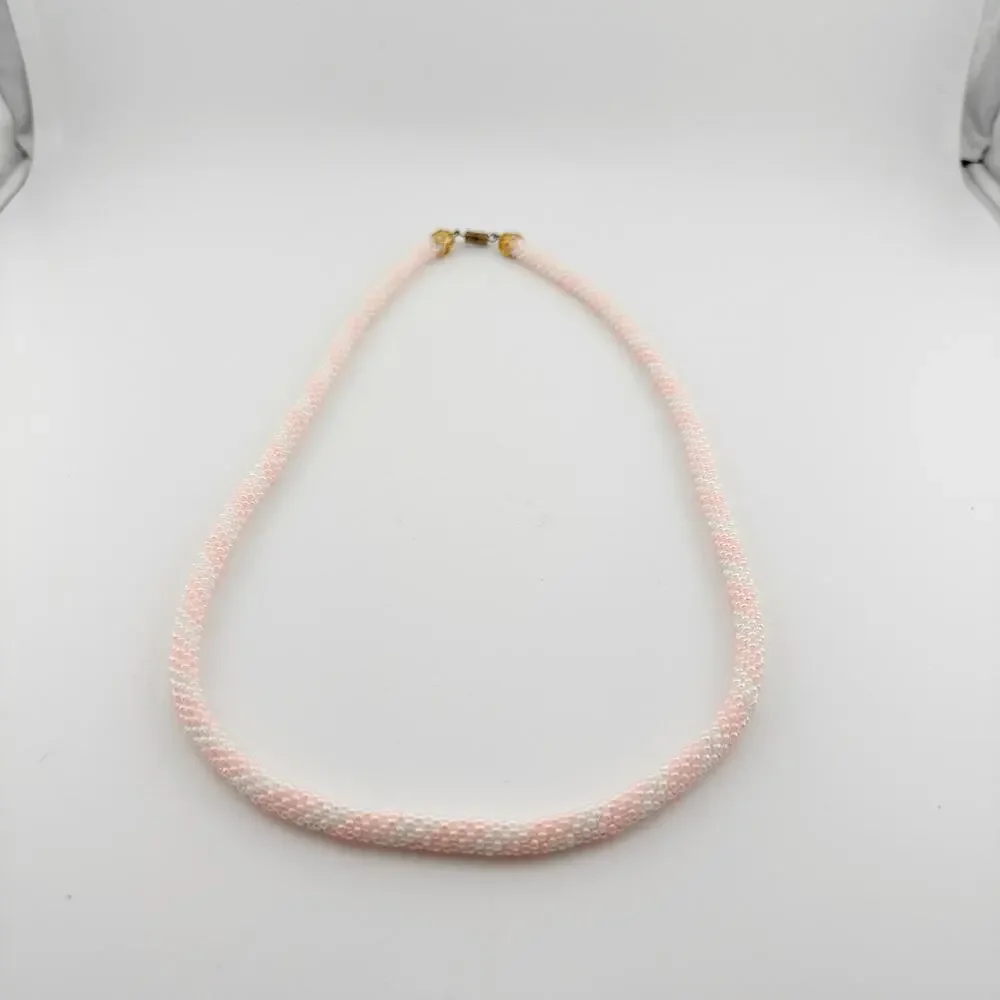 Vintage Pink White‎ Beaded Rope Necklace Gold Tone Filigree Clasp Handmade